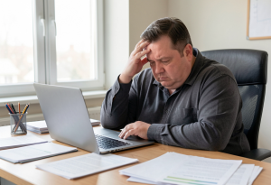 Tired adult frustrated with weight despite effort, illustrating fatigue and weight retention