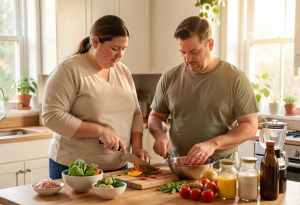 Adult preparing a healthy snack and drink, supporting energy and metabolism for weight management