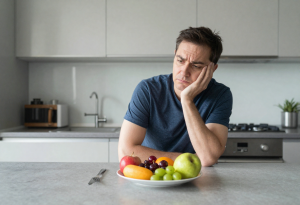 Adult sitting at kitchen counter looking at healthy foods, reflecting on liver health and nutrition