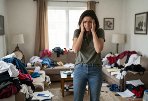 woman looking stressed and overwhelmed in a cluttered room, illustrating the impact of clutter on mental health