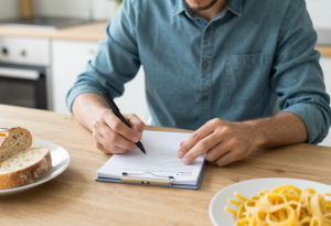 Person recording wheat consumption and symptoms in a food diary to identify wheat intolerance