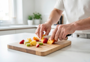 Adult cutting fresh fruit in a modern kitchen as a tiny daily health habit.