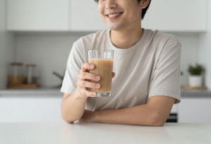 Adult enjoying a morning anti-bloat drink at a bright kitchen table, looking relaxed and energized