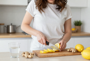 Woman Preparing Morning Anti-Bloat Drink Ingredients