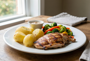 Balanced meal with potatoes, lean protein, and vegetables for weight loss