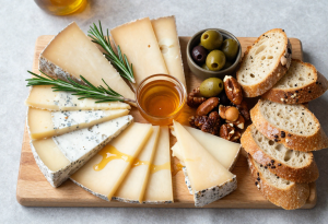 healthy cheese board with cheeses, fruits, and veggies