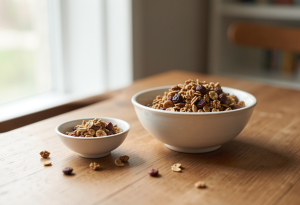 Comparison of granola serving sizes to illustrate hidden calories in healthy foods