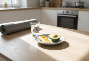 Kitchen scene with water, protein breakfast, and yoga mat in sunlight, illustrating a simple 30-minute morning routine to support weight loss
