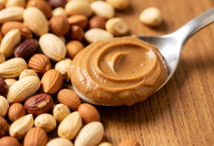 healthy foods high in calories - Portion of mixed nuts and nut butter to show healthy foods that are high in calories