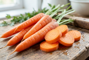 Fresh orange carrots whole and sliced on a wooden surface, highlighting vibrant color and texture for nutrition and eye health