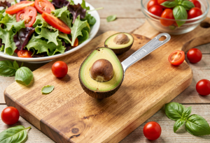 Avocado portion control on a cutting board to represent calorie-dense healthy foods