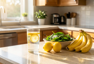 Glass of lemon water in the morning with fresh lemons and potassium-rich foods to reduce bloating