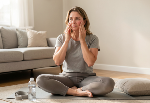 Woman sitting on yoga mat gently massaging face to stimulate lymphatic flow and reduce morning puffiness