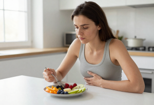 Woman eating a healthy breakfast at the table, focusing on mindful eating and gut health to reduce morning puffiness