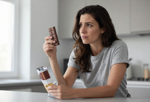 Woman at kitchen counter holding snack, illustrating emotional eating caused by stress