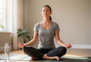 Woman meditating at home to reduce stress and support healthy weight