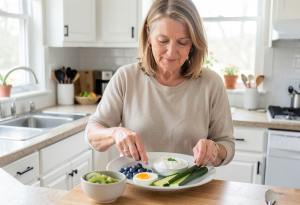 Balanced light foods including berries, yogurt and vegetables to reduce bloating after overeating