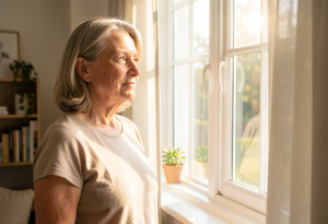 Woman standing by a sunny window stretching her arms, illustrating morning sunlight exposure to support metabolism and weight management