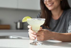 Adult holding a skinny margarita with fresh lime wedge