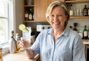 Adult holding a glass of vodka soda with lime, low-calorie alcoholic drink