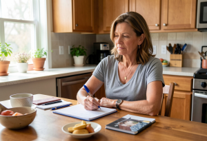 Woman planning her diet and exercise to manage menopause weight gain