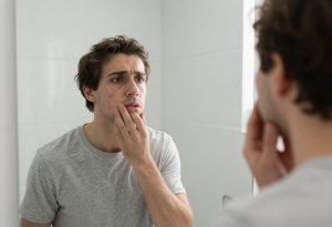 Adult examining skin in bathroom mirror, reflecting on signs of a stressed liver and overall health