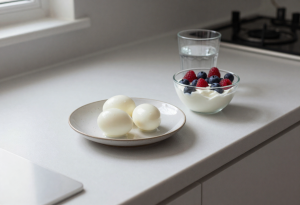 Hard-boiled eggs, Greek yogurt with berries, and a glass of water on a kitchen counter, illustrating a protein-focused breakfast to support morning weight loss habits