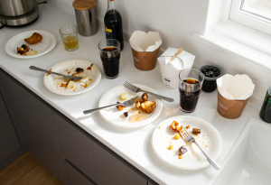 Cluttered kitchen with snacks and soda representing habits that worsen menopause weight gain”