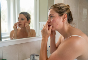 Person checking their skin in the mirror