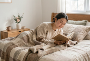 Person using a grounding blanket indoors for relaxation and better sleep