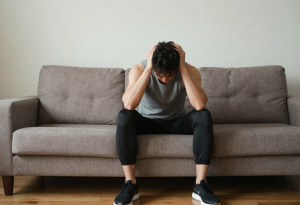 Unmotivated person in gym clothes sitting on a couch