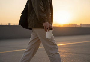 Person walking at sunrise holding a plain takeaway coffee cup, representing morning caffeine and energy.