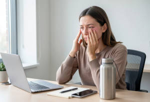 Woman at office desk holding reusable water bottle and noticing mild facial puffiness from dehydration