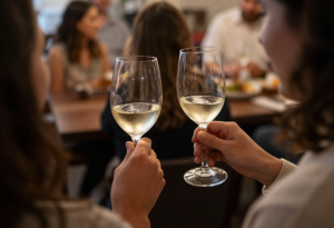 Couple holding drinks at a party, illustrating how alcohol can contribute to bloating and digestive discomfort