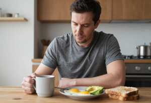 Person enjoying coffee with a balanced breakfast and water in natural morning light.