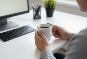 Person drinking coffee at a work desk in the morning, illustrating caffeine and focus.