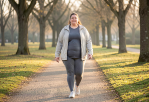 Person walking gently outdoors to rebuild motivation and healthy habits