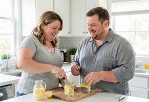 Couple preparing a lemon water drink together in the kitchen, supporting hydration and weight management