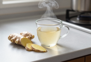 Cup of ginger water with crushed ginger, supporting digestion and weight loss