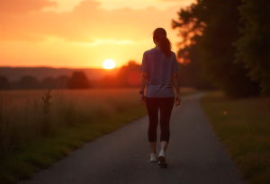 Woman walking at sunset for exercise and stress relief, supporting healthy weight management