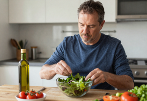 Adult preparing a leafy green salad with olive oil, illustrating dietary sources of vitamin K