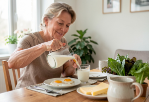Adult having a breakfast with eggs, cheese, and leafy greens, illustrating dietary sources of vitamin K