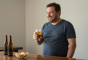 Mid-aged man holding a beer at home with snacks nearby, illustrating that beer alone is rarely the sole cause of a beer gut