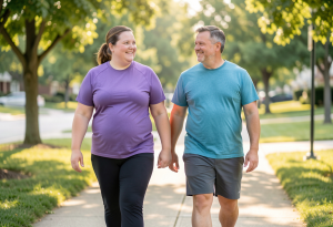 Overweight couple walking outdoors together, illustrating daily habits that help reduce belly fat