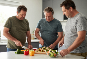 causes of a beer gut - Several middle-aged men with beer bellies making a chicken salad together, illustrating healthy lifestyle changes to reduce belly fat