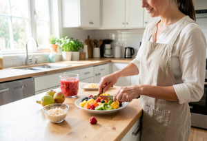 Person adding extra vegetables and fruit to meals as a micro-habit for better health