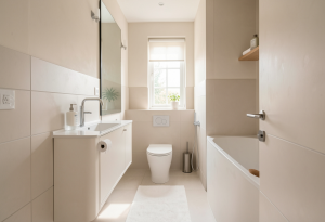 “Clean bathroom setting representing healthy bowel movements and digestive health”