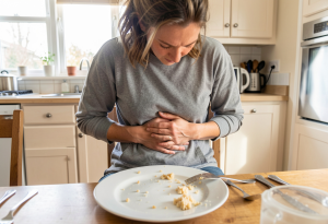 Person experiencing digestive discomfort possibly linked to wheat intolerance