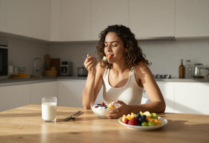 Adult eating fruit with Greek yogurt at a breakfast table to support balanced nutrition and stable blood sugar