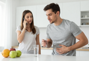 “Person gently holding their stomach while sitting with healthy foods nearby, representing awareness of digestion and bowel frequency”